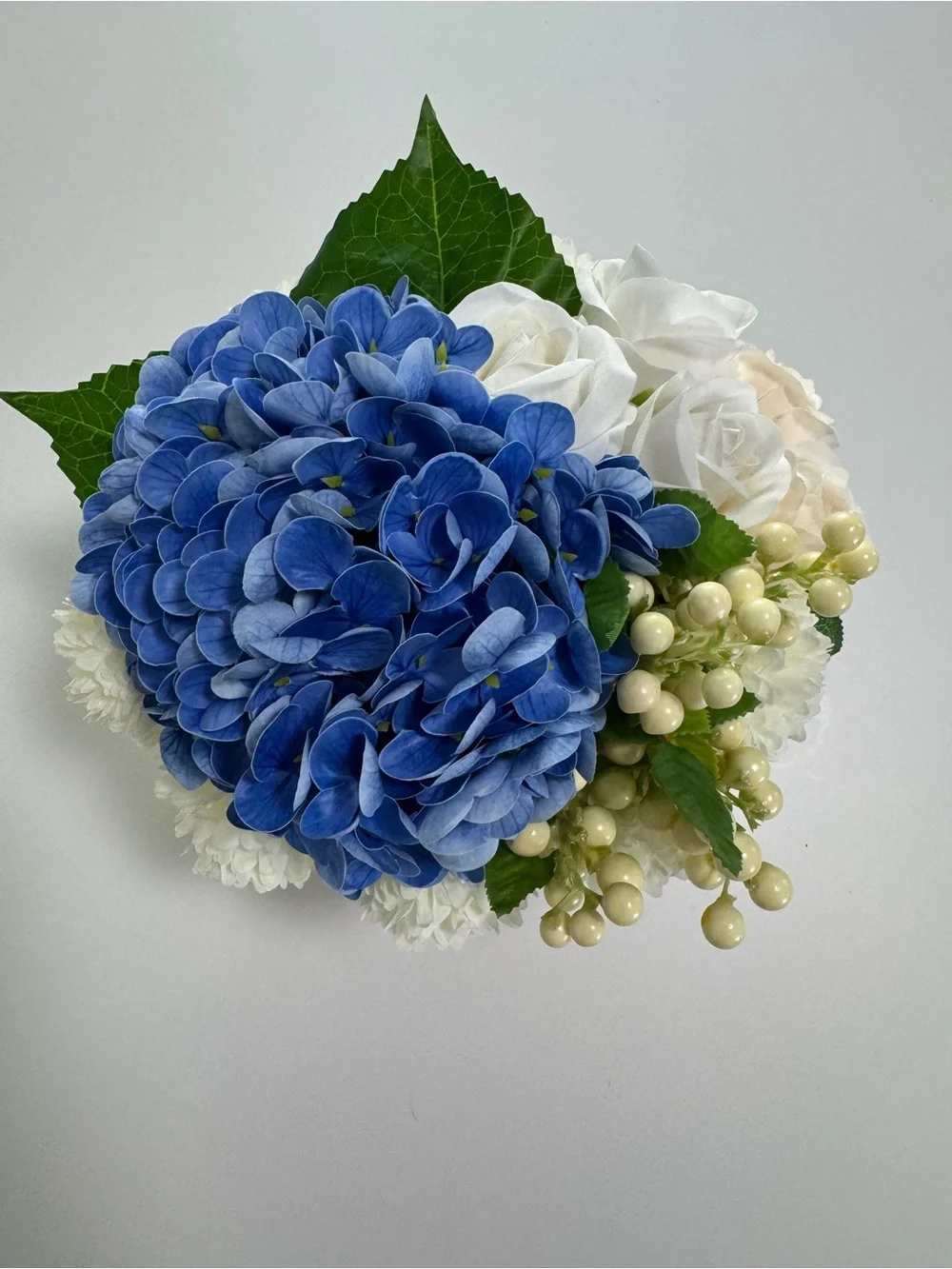 Artificial Floral Arrangement in Blue and Cream with Red Box